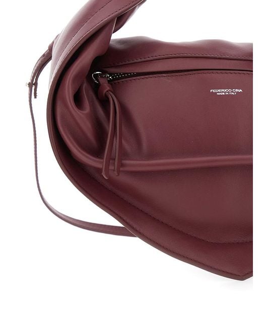 FEDERICO CINA Brown 'tortellino' Bordeaux Midi Handbag With Adjustable And Removable Shoulder Strap And Logo Lettering On The Front In Leather Woman