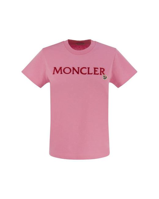 Moncler T-shirt With Embroidered Logo in Pink | Lyst