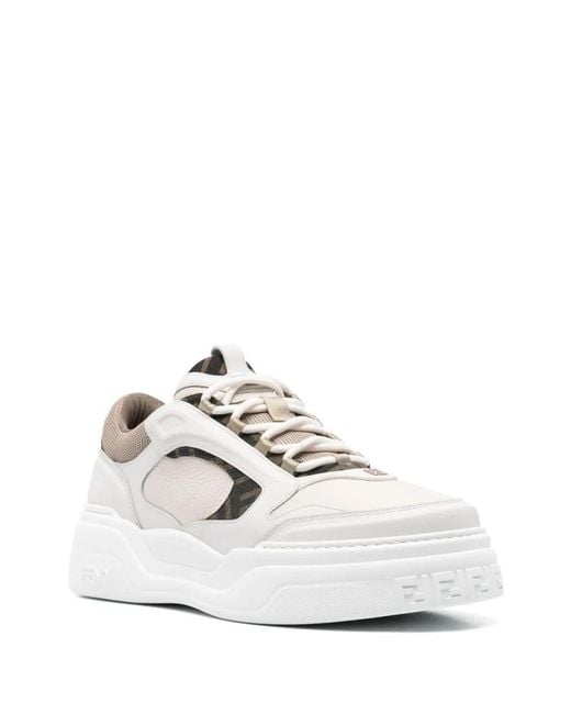 Fendi White Force Leather Sneakers With Ff Jacquard And Mesh Details Shoes for men
