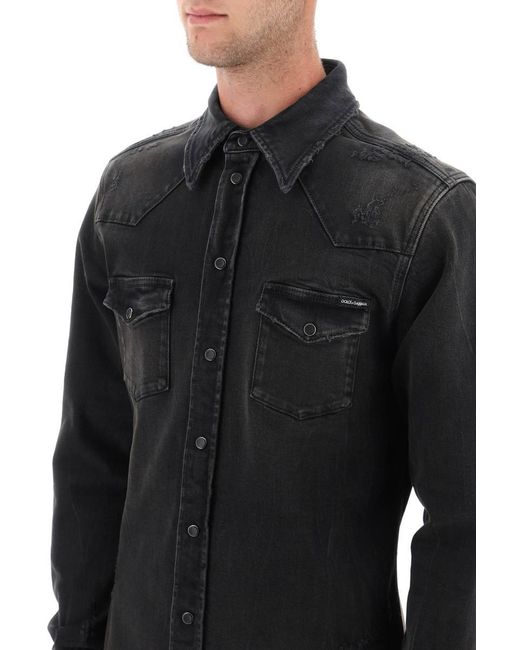 Dolce & Gabbana Black Distressed Denim Western Shirt for men
