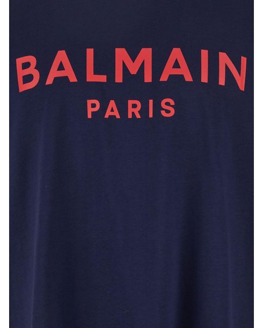Balmain Blue Crewneck T-Shirt With Logo Lettering Print On The Front for men
