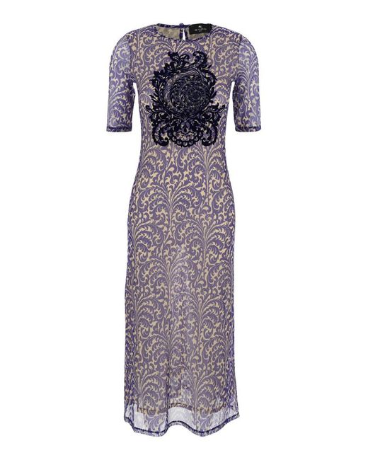 Etro Purple Long Dress With Maxi Floral Print On The Front And All-Over Print