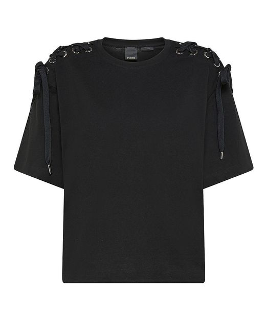 Pinko Black Cotton T-Shirt With Crossed Strings