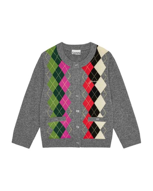 Ganni White Argyle Wool Blend Cardigan