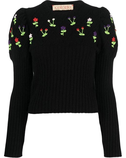 Cormio Black Floral-embroidery Wool Jumper