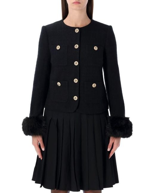 Self-Portrait Black Bouclé Jacket With Faux Fur Cuffs