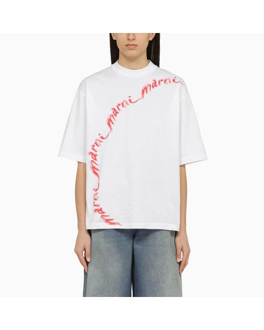 Marni White T Shirt With Logo In Organic Cotton