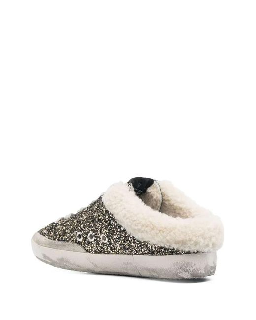 Golden Goose Deluxe Brand White Super-Star Sabot Glitter Upper Suede Star Shearling Lining