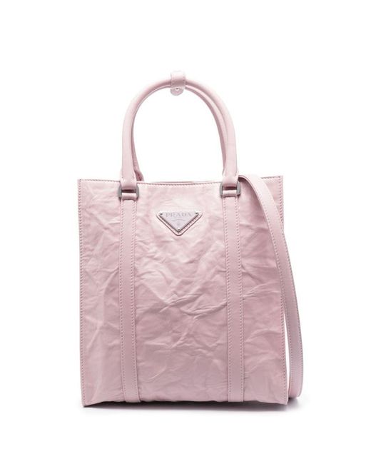 Prada Pink Logo-plaque Crinkle-effect Tote Bag