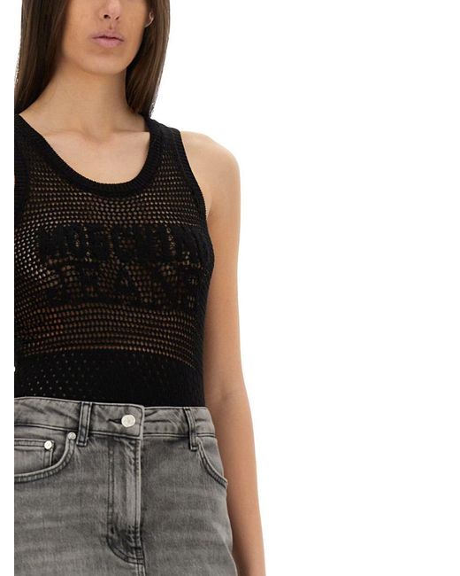 Moschino Black Textured Mesh Top With Bold Logo Design