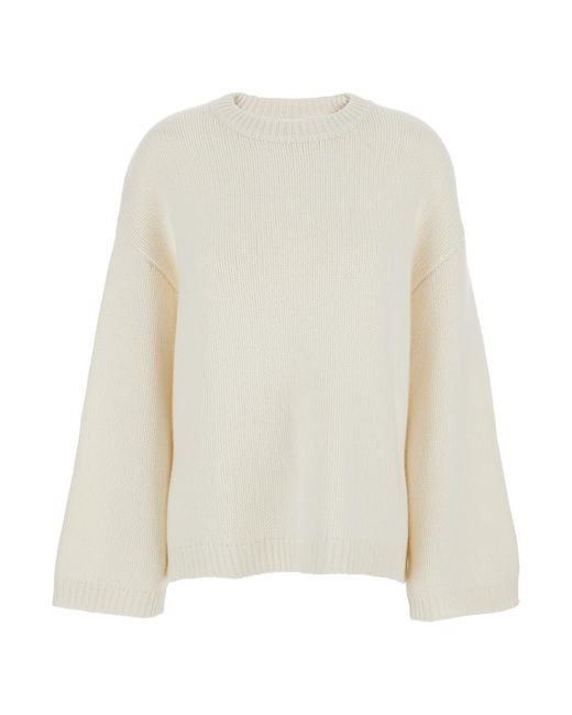 Soft Goat White Crewneck Knit Sweater With Dropped Shoulders