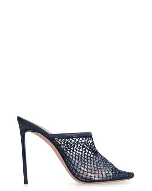 Bally White Crystal Fishnet Leather Mules