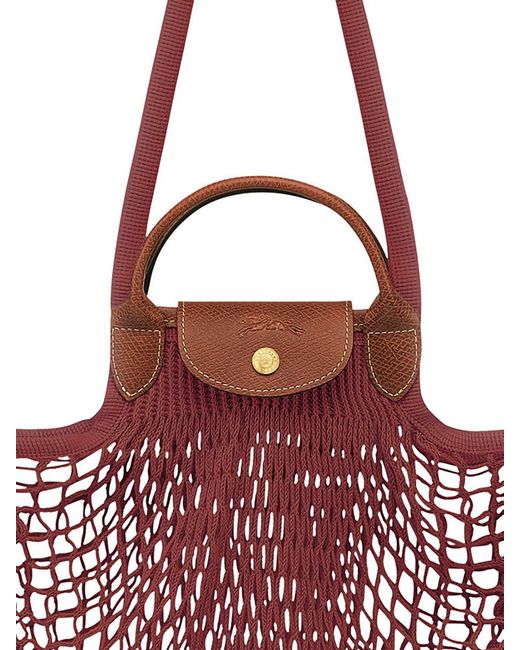 Longchamp Red 'Le Pliage Filet' Mahogany Handbag With Engraved Logo