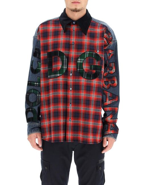 Dolce & Gabbana Red Oversized Denim And Flannel Shirt With Logo for men