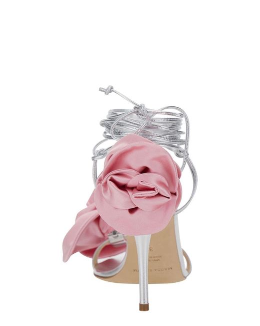 Magda Butrym Pink Silver Strappy Sandals With 3d Flower In Silk Blend Woman