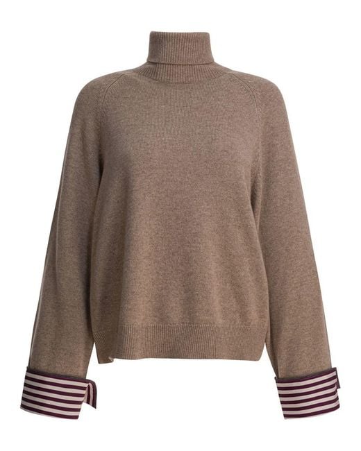 Brunello Cucinelli Brown Turtleneck Sweater With Shiny Shirt Details