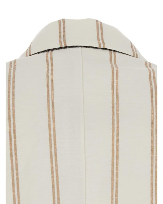 Brunello Cucinelli White Jacket With All-Over Striped Motif And Monile Detail