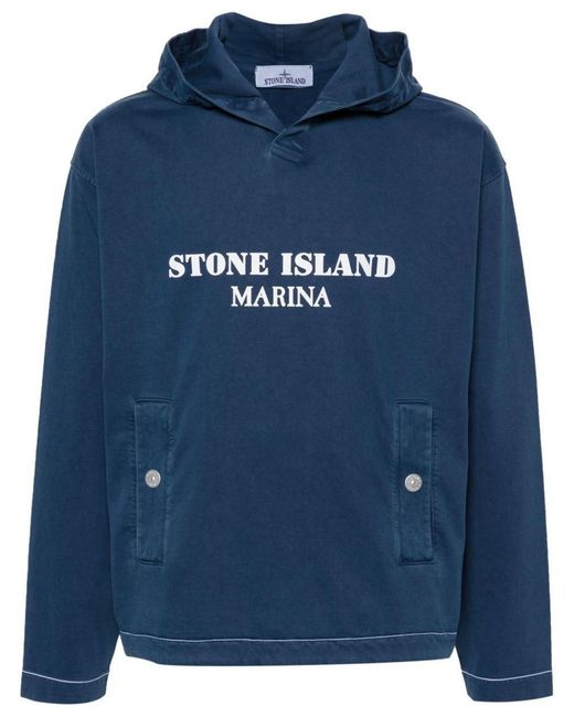 Stone Island Blue Logo-Print Cotton Hoodie for men