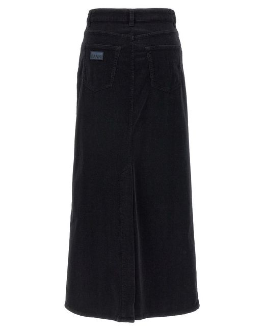 Ganni Black Long Velvet Ribbed Skirt
