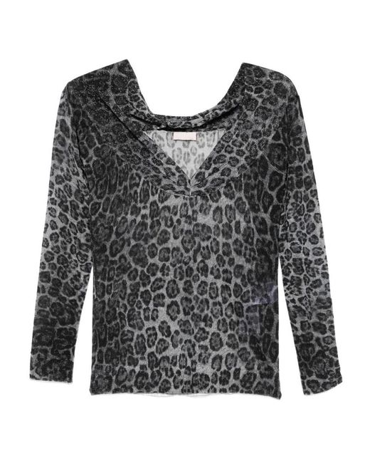Liu Jo Gray Leopard-Print Hooded Sweater