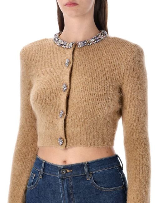 Self-Portrait Blue Camel Alpaca Cropped Cardigan With Crystal Trims