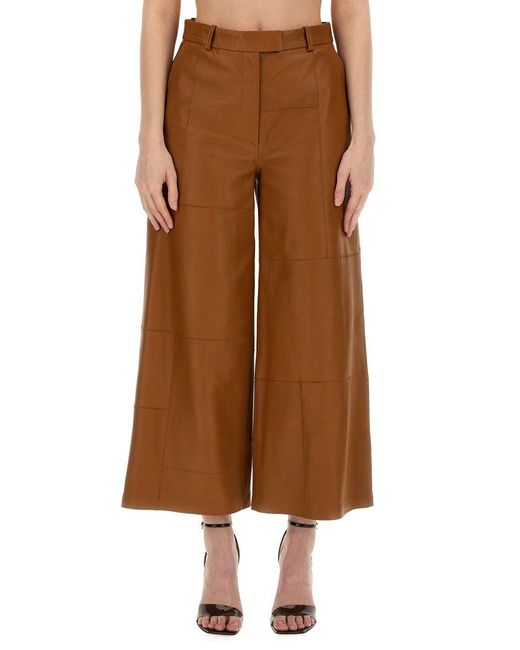 Alysi Brown Wide Leg Cropped Leather Trousers