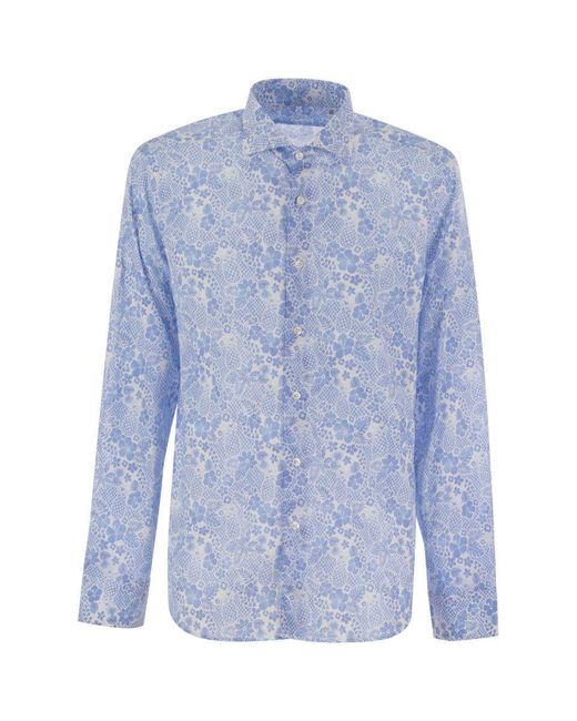 Fedeli Blue Printed Stretch Cotton Voile Shirt for men
