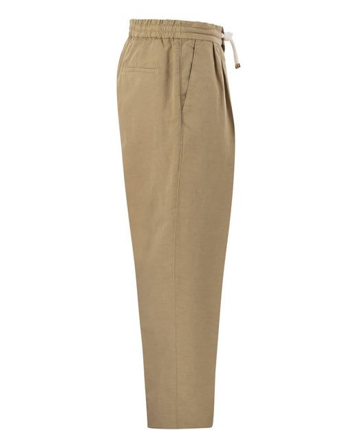 Brunello Cucinelli Natural Leisure Fit Trousers In Linen And Cotton Gabardine for men