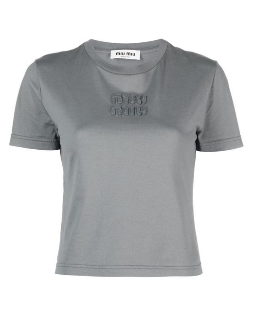 Miu Miu Gray Logo-embossed Cotton Cropped T-shirt