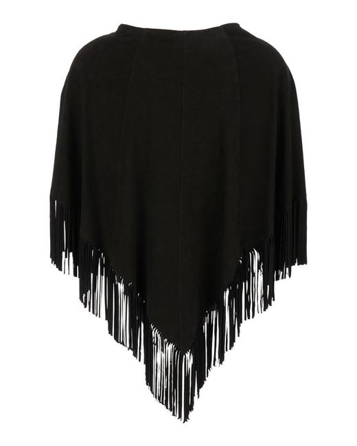Plain Black Fringed Suede Poncho In Leather Woman