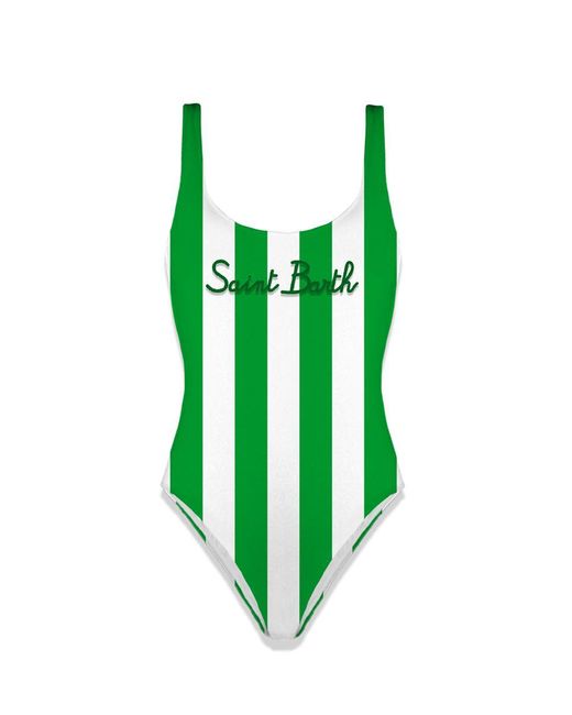 Saint Barth Green Striped Print One Piece Swimsuit