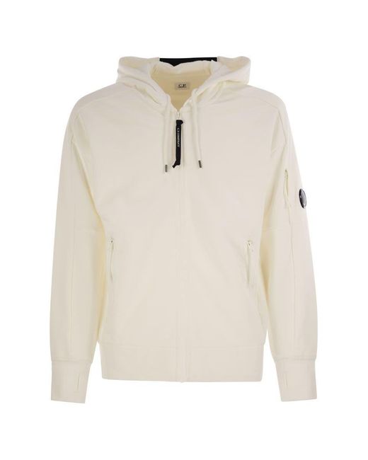 C P Company White Sweatshirt With Zip, Hood And Lens for men
