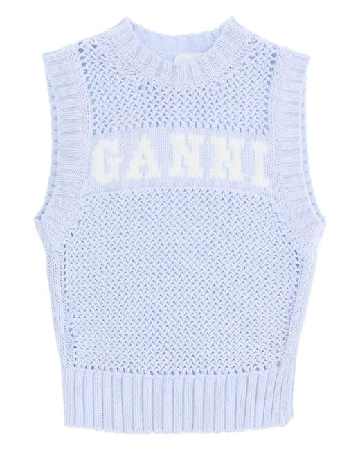 Ganni Blue Logo Crochet Vest