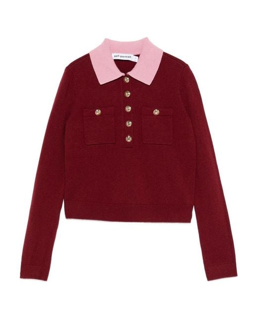 Self-Portrait Red Burgundy Contrast Collar Knit Top
