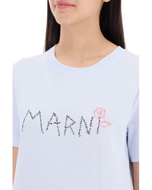 Marni Blue Hand-Embroidered Logo T-Shirt
