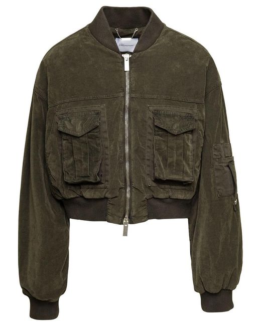 Blumarine Green Cropped Bomber Jacket With Patch Pockets