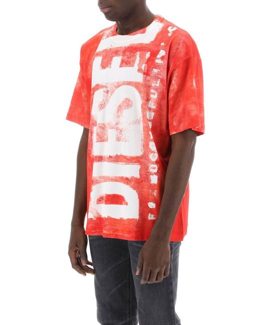 DIESEL Red Printed T-Shirt With Oversized Logo for men