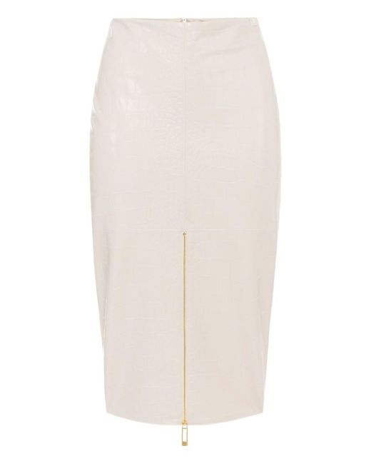Elisabetta Franchi White Crocodile-Print Texture Zip-Front Skirt