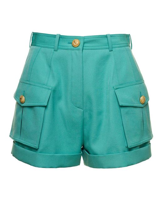 Balmain Green Light Shorts With Cuff And Jewel Buttons