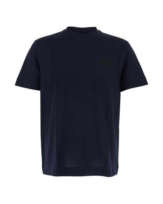 Emporio Armani Blue Crewneck T-Shirt With Logo Embroidery On The Front for men