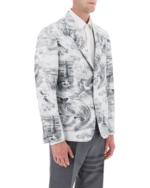 Thom Browne Gray Deconstructed Single Breasted Jacket With Nautical Toile Motif for men