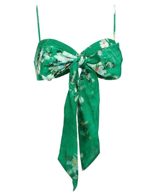 Zimmermann Green Everley Bow Floral-Pattern Linen Bralette