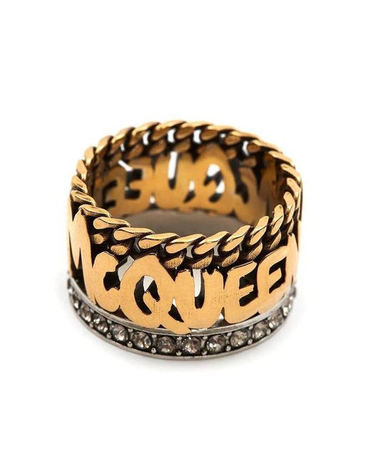 Alexander McQueen Metallic Antiqued Gold Graffiti Ring