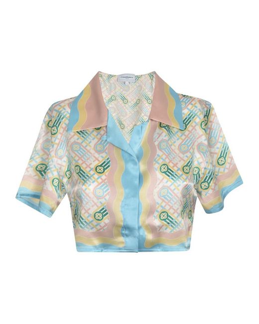 Casablancabrand Blue Printed Silk Cropped Shirt