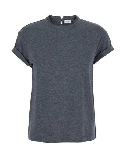 Brunello Cucinelli Blue Crewneck T-Shirt With Monil Detail On The Collar And Rear Cut-Out