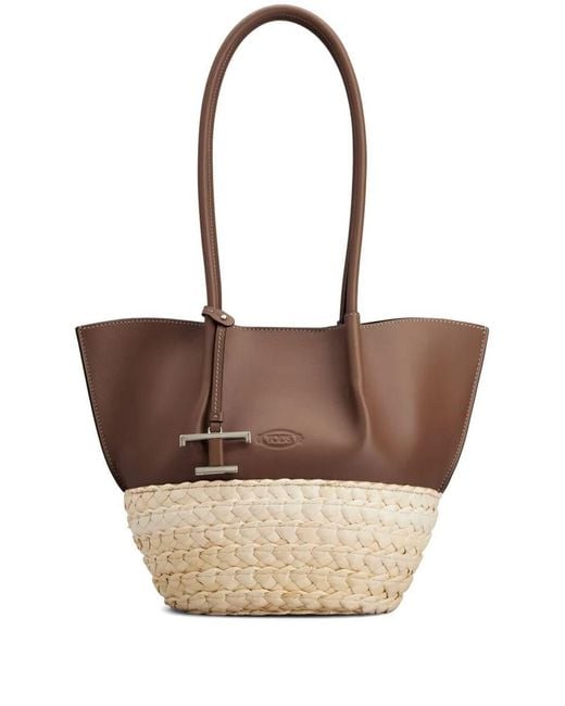 Tod's White T Timeless-Charm Raffia And Leather Small Tote Bags