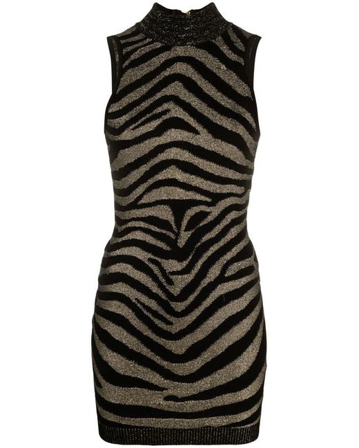 Balmain Black Sleeveless Zebra Print Knit Short Dress