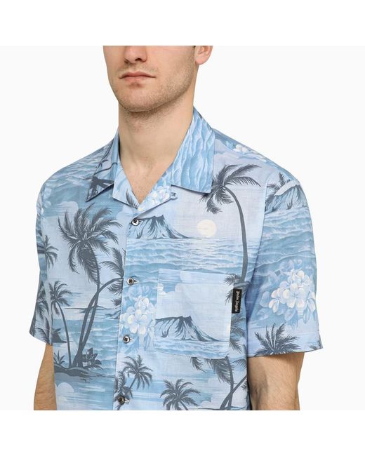 Palm Angels Blue Bowling Shirt With Sunset Print for men