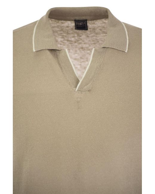Fedeli Natural Polo Shirt With Open Collar In Linen And Cotton for men