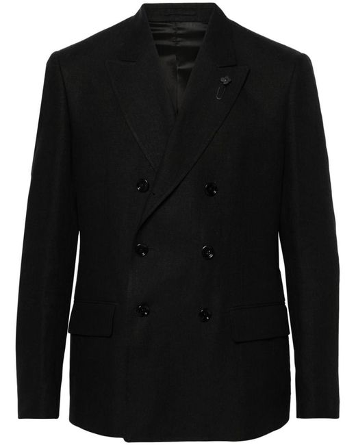 Lardini Black Linen Double-Breasted Blazer With Lapel Pin for men